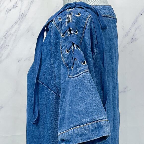 Anthropologie | Maeve | Denim Mini Shift Dress with Lace-Up and Tie Shoulders - Picture 5 of 12